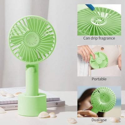 Ventilator portabil, design compact, functionare silentioasa, viteza ajustabila, incarcate USB, cu acumulator, verde