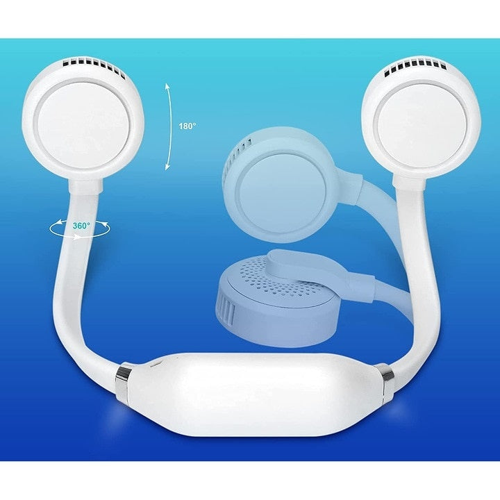 Ventilator portabil, tip casti, pozitionare pe gat, cu rotire 360 grade, 3 trepte de viteza, alb