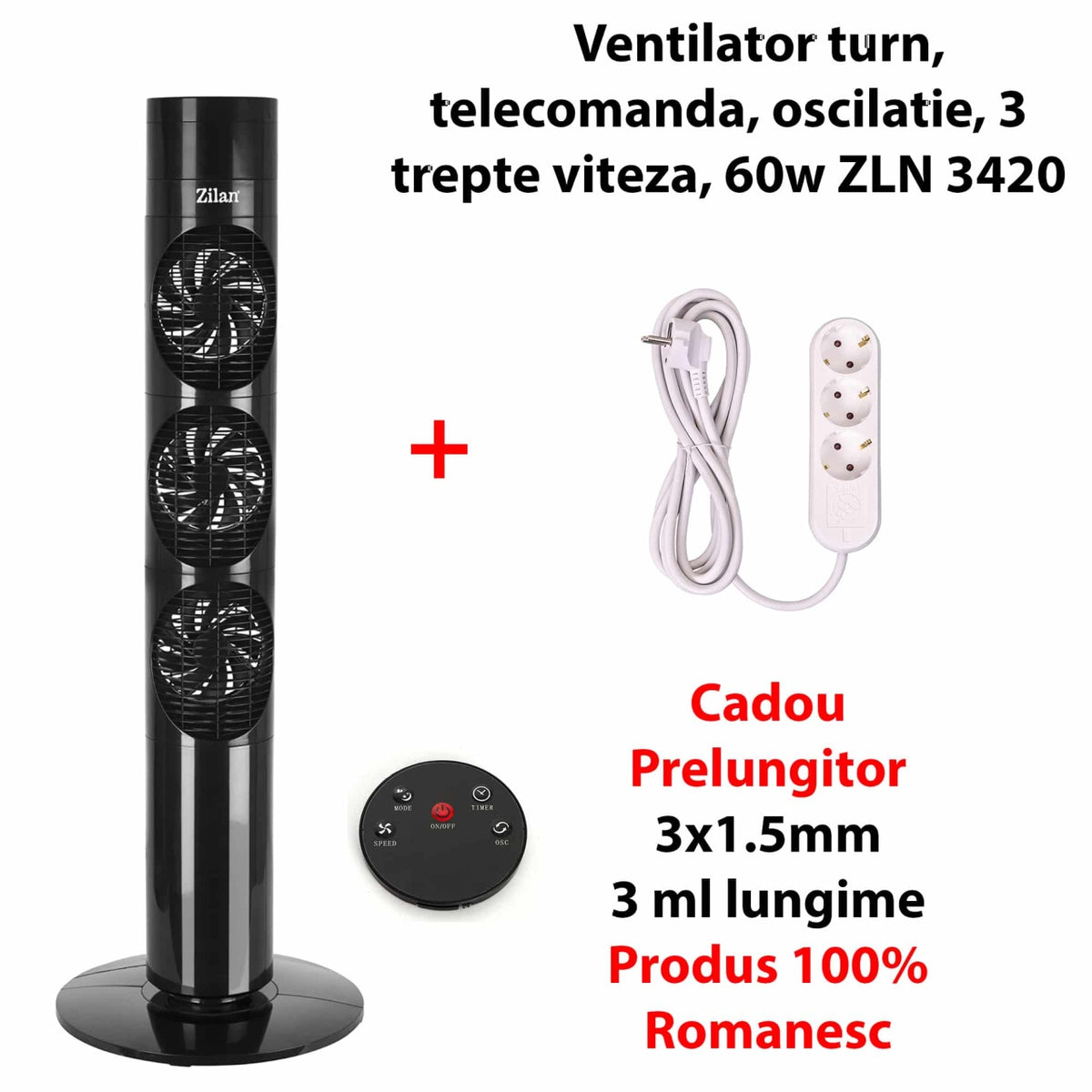 Ventilator turn 60W cu telecomanda, 3 viteze, oscilatie, prelungitor inclus