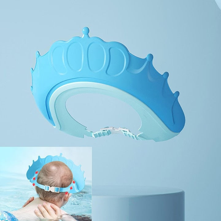 Viziera de protectie baita bebelusilor, pentru ochi si urechi, cu banda reglabila, din silicon, in forma de coroana, albastru