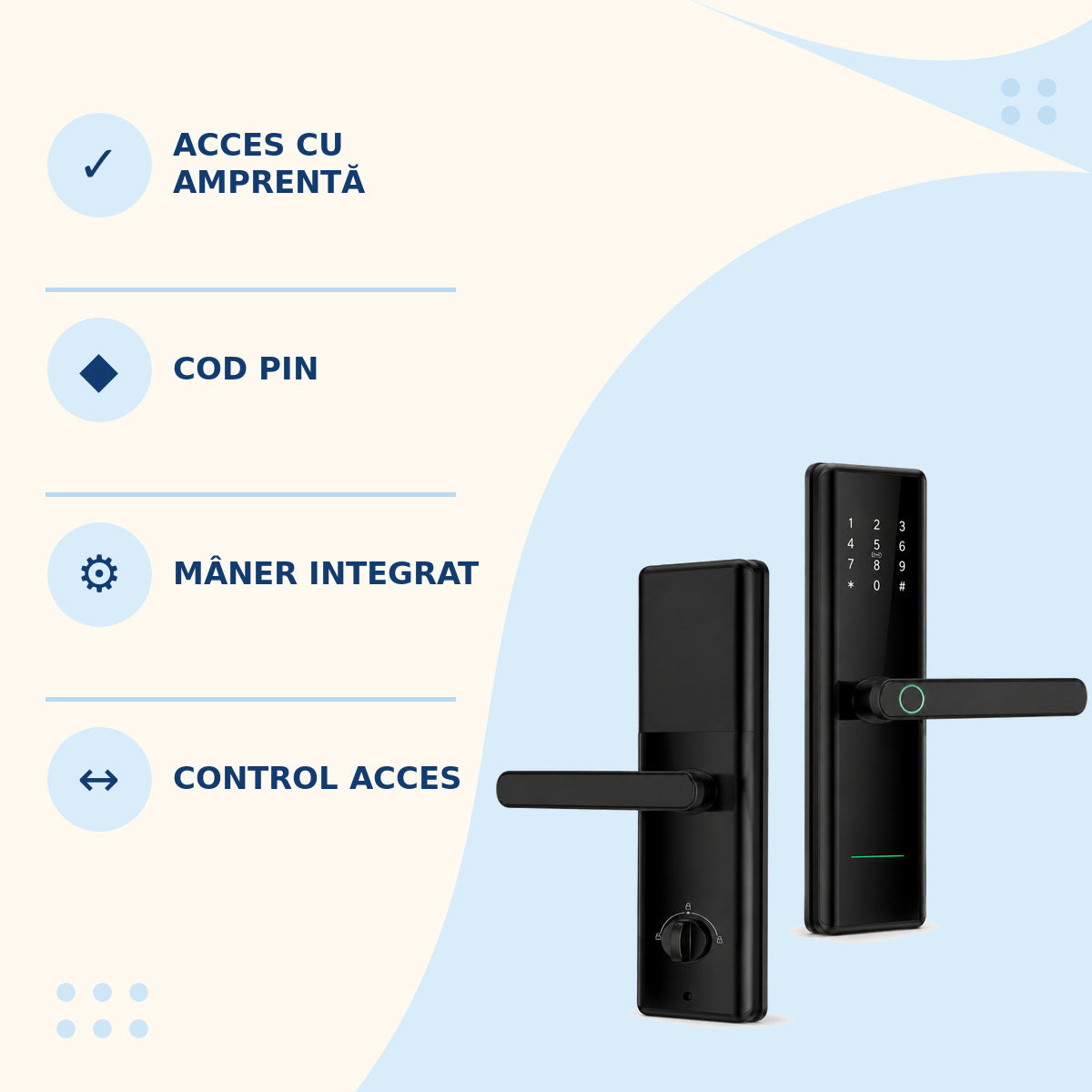 Yală Inteligentă cu Mâner, Amprentă și Tastatură Tactilă, Negru – imagine 3
