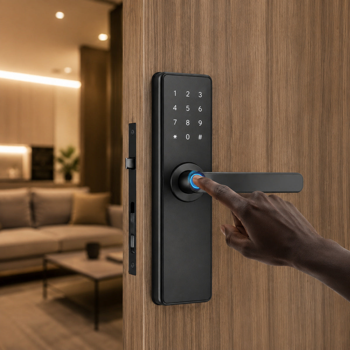 Yală Inteligentă pentru Ușă cu Amprentă, Tastatură și Mâner, Negru – imagine 2