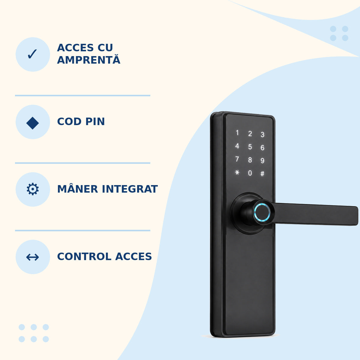 Yală Inteligentă pentru Ușă cu Amprentă, Tastatură și Mâner, Negru – caracteristici